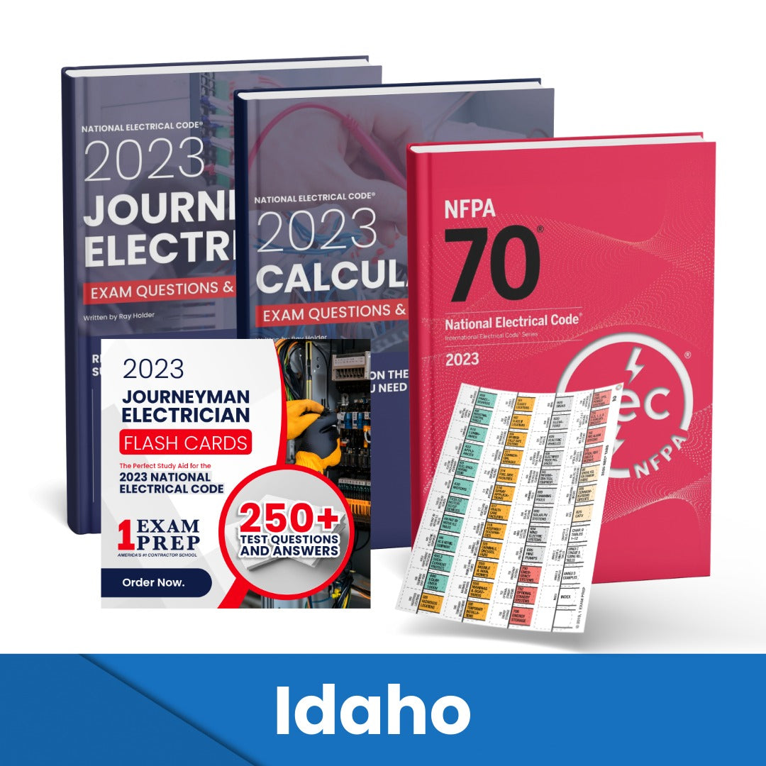 2023 Idaho Journeyman Electrician + Electrician Calculations Study Guides + Flash Cards & National Electrical Code +Tabs Super Combo (Based on the 2023 NEC)