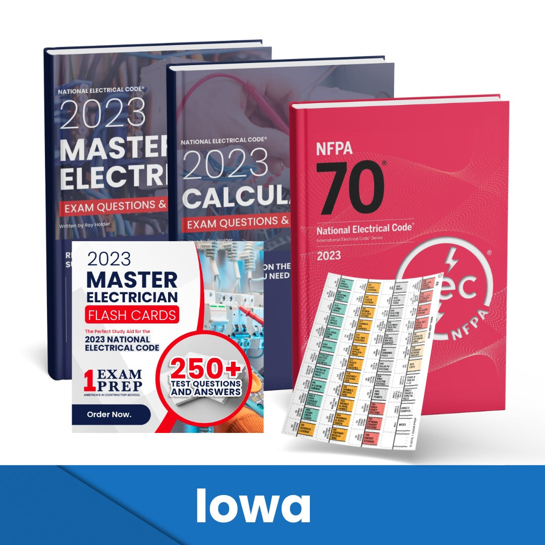 2023 Iowa Master Electrician + Electrician Calculations Study Guides + Flash Cards & National Electrical Code +Tabs Super Combo (Based on the 2023 NEC)
