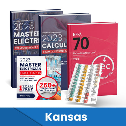 2023 Kansas Master Electrician + Electrician Calculations Study Guides + Flash Cards & National Electrical Code +Tabs Super Combo (Based on the 2023 NEC)