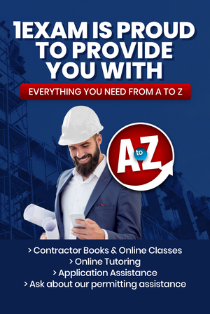 Banner with a male contractor wearing a white hard hat, promoting contractor books and online classes, online tutoring, application assistance, and permitting assistance.