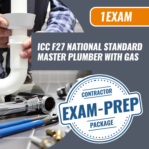 1 Exam Prep ICC F27 National Standard Plumber with Gas. Exam prep package. We are the exam pros for all your licensing needs
