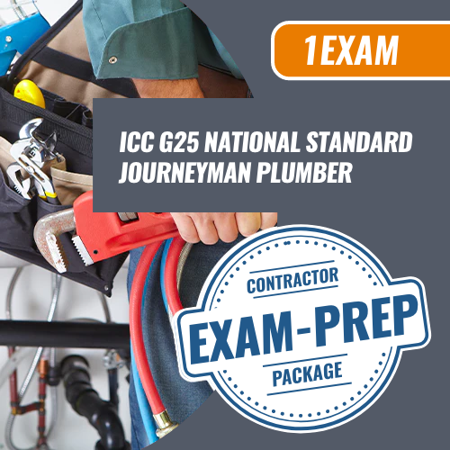1 Exam Prep ICC G25 National Standard Journeyman Plumber. Contractor exam preparation package. Pass your contract exam with the exam pros at 1 Exam Prep