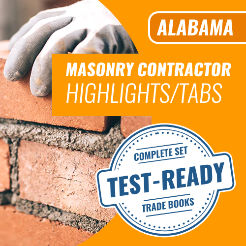 1 Exam Prep - Alabama Masonry Contractor Highlights and Tabs. Complete Set, Test Ready trade books. We are the exam pros for all your trades licensing needs nationwide.