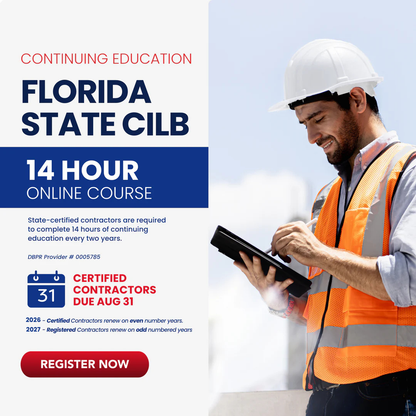CILB del estado de Florida: educación continua en línea de 14 horas [para contratistas registrados y certificados por el estado] 