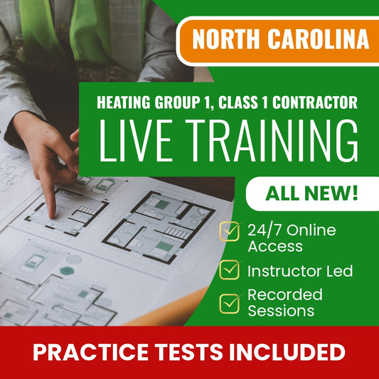 North Carolina Heating Group 1, Class I Contractor Exam Prep - Live Virtual + Self Study Training