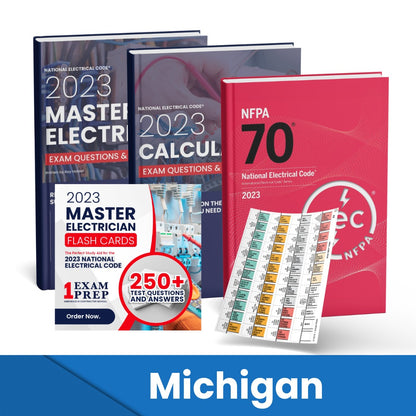 2023 Michigan Master Electrician + Electrician Calculations Study Guides + Flash Cards & National Electrical Code +Tabs Super Combo (Based on the 2023 NEC)