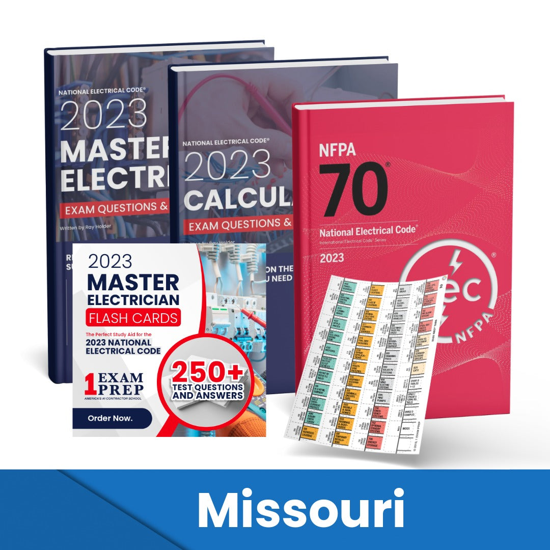 2023 Missouri Master Electrician + Electrician Calculations Study Guides + Flash Cards & National Electrical Code +Tabs Super Combo (Based on the 2023 NEC)