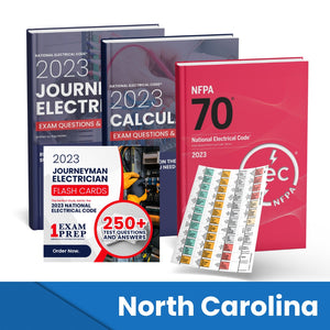2023 North Carolina Journeyman Electrician + Electrician Calculations Study Guides + Flash Cards & National Electrical Code +Tabs Super Combo (Based on the 2023 NEC)