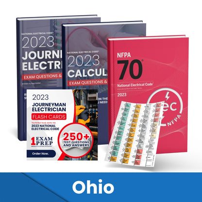 2023 Ohio Journeyman Electrician + Electrician Calculations Study Guides + Flash Cards & National Electrical Code +Tabs Super Combo (Based on the 2023 NEC)