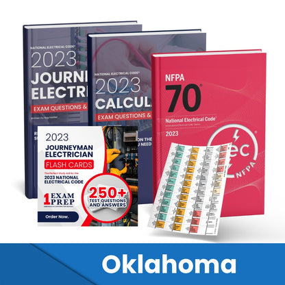 2023 Oklahoma Journeyman Electrician + Electrician Calculations Study Guides + Flash Cards & National Electrical Code +Tabs Super Combo (Based on the 2023 NEC)