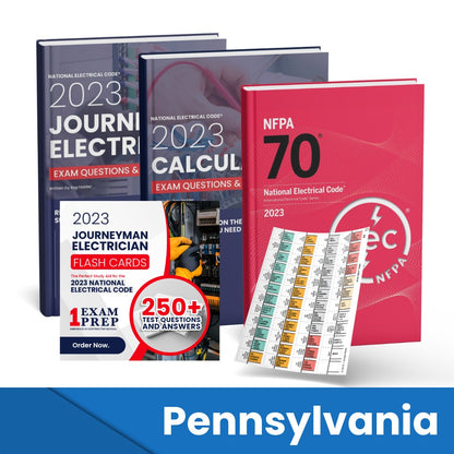 2023 Pennsylvania Journeyman Electrician + Electrician Calculations Study Guides + Flash Cards & National Electrical Code +Tabs Super Combo (Based on the 2023 NEC)