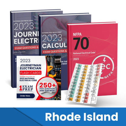 2023 Rhode Island Journeyman Electrician + Electrician Calculations Study Guides + Flash Cards & National Electrical Code +Tabs Super Combo (Based on the 2023 NEC)