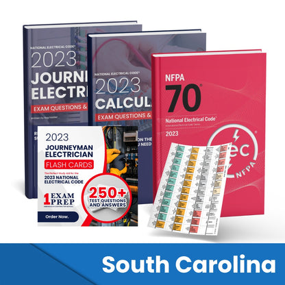 2023 South Carolina Journeyman Electrician + Electrician Calculations Study Guides + Flash Cards & National Electrical Code +Tabs Super Combo (Based on the 2023 NEC)
