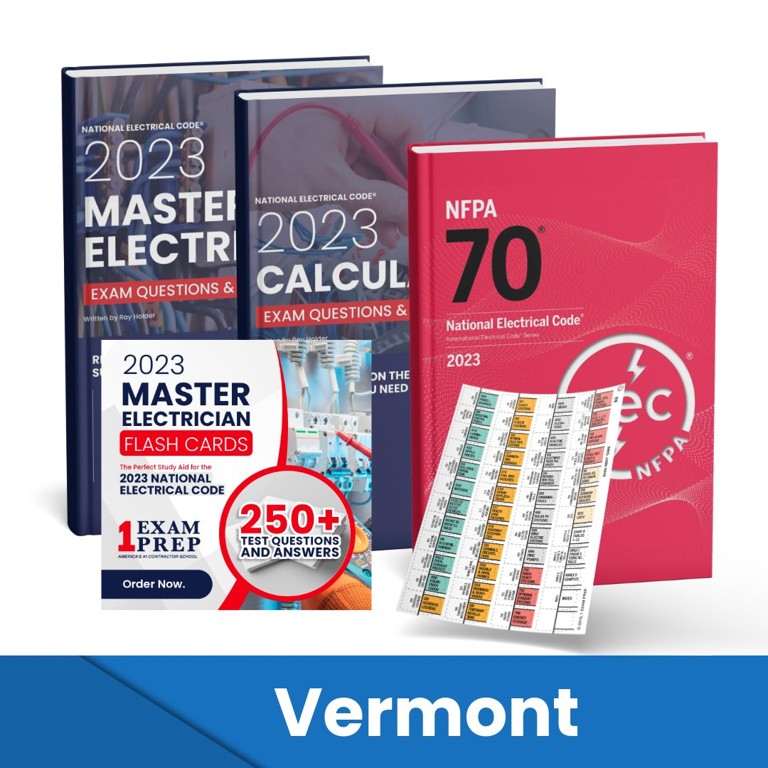 2023 Vermont Master Electrician + Electrician Calculations Study Guides + Flash Cards & National Electrical Code +Tabs Super Combo (Based on the 2023 NEC)