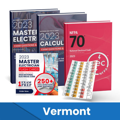2023 Vermont Master Electrician + Electrician Calculations Study Guides + Flash Cards & National Electrical Code +Tabs Super Combo (Based on the 2023 NEC)