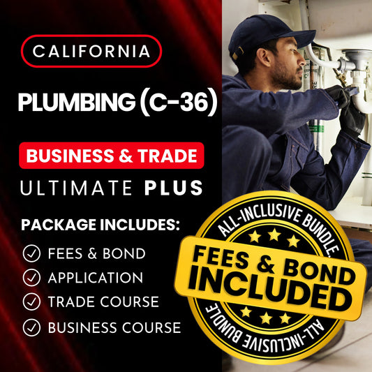 California Plumbing (C-36) Contractor Licensing Exam Prep Business & Trade Courses + Application + State Fees + 1st-Year Bond Package