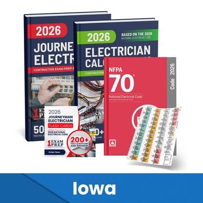 2026 Iowa Journeyman Electrician + Electrician Calculations Study Guides + Flash Cards & National Electrical Code +Tabs Super Combo (Based on the 2026 NEC)