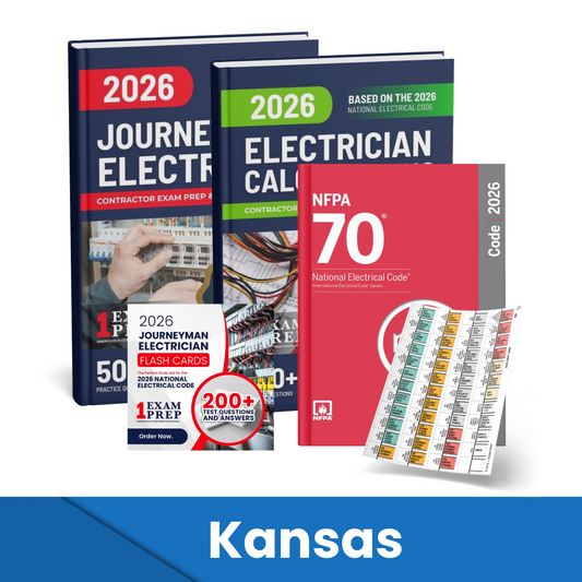 2026 Kansas Journeyman Electrician + Electrician Calculations Study Guides + Flash Cards & National Electrical Code +Tabs Super Combo (Based on the 2026 NEC)