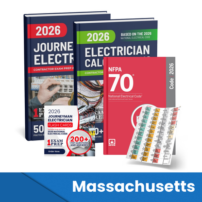 2026 Massachusetts Journeyman Electrician + Electrician Calculations Study Guides + Flash Cards & National Electrical Code +Tabs Super Combo (Based on the 2026 NEC)