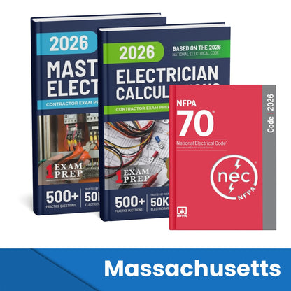2026 Massachusetts Master Electrician + Electrician Calculations Study Guides & National Electrical Code Combo (Based on the 2026 NEC)