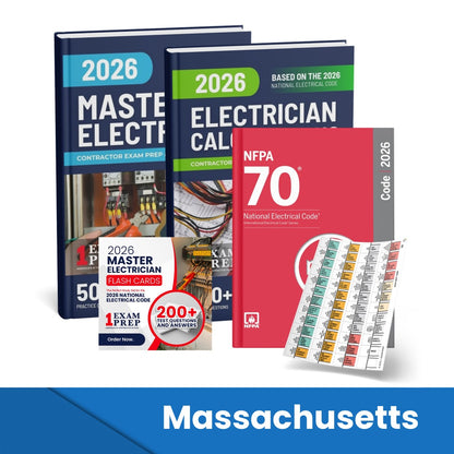 2026 Massachusetts Master Electrician + Electrician Calculations Study Guides + Flash Cards & National Electrical Code +Tabs Super Combo (Based on the 2026 NEC)