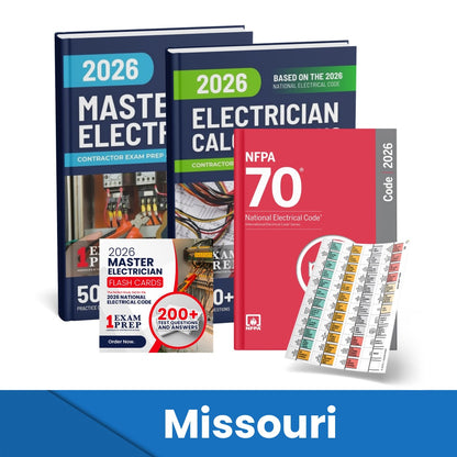 2026 Missouri Master Electrician + Electrician Calculations Study Guides + Flash Cards & National Electrical Code +Tabs Super Combo (Based on the 2026 NEC)