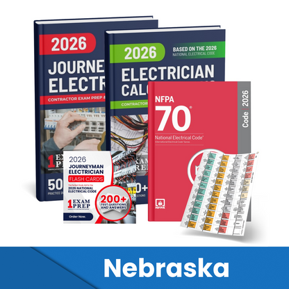 2026 Nebraska Journeyman Electrician + Electrician Calculations Study Guides + Flash Cards & National Electrical Code +Tabs Super Combo (Based on the 2026 NEC)