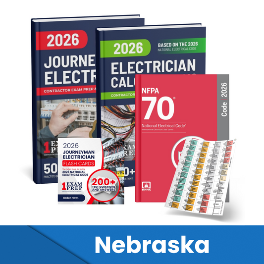 2026 Nebraska Journeyman Electrician + Electrician Calculations Study Guides + Flash Cards & National Electrical Code +Tabs Super Combo (Based on the 2026 NEC)