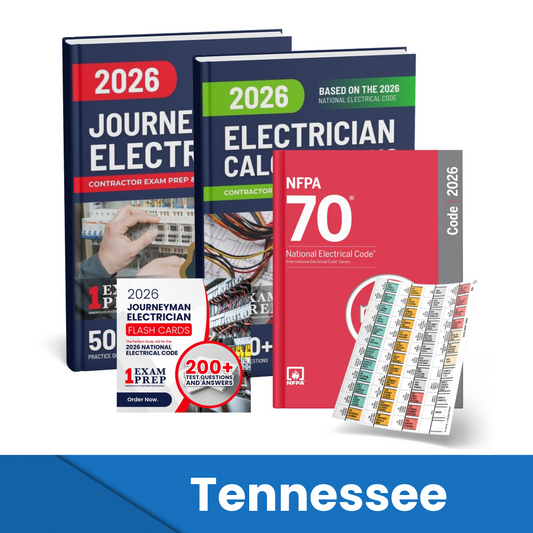 2026 Tennessee Journeyman Electrician + Electrician Calculations Study Guides + Flash Cards & National Electrical Code +Tabs Super Combo (Based on the 2026 NEC)
