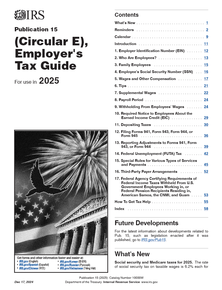 IRS Circular E, Employer's Tax Guide, Publication 15, 2025