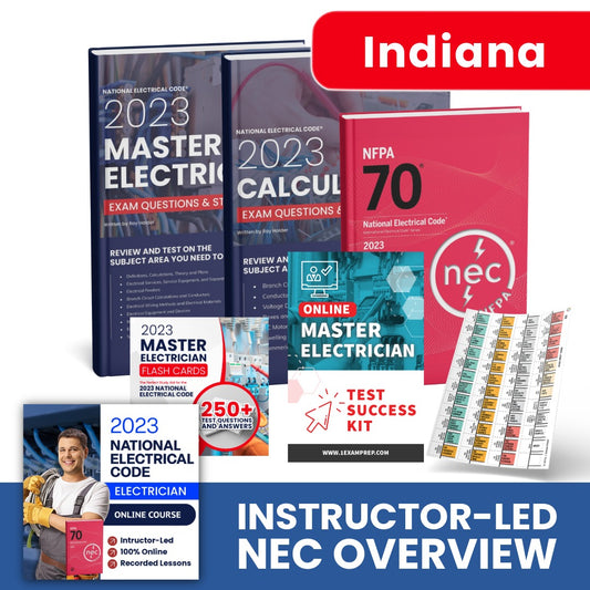 
2023 Indiana Master Electrician Exam Prep Study Package Includes Instructor Led NEC Course (Based on the 2023 NEC)
