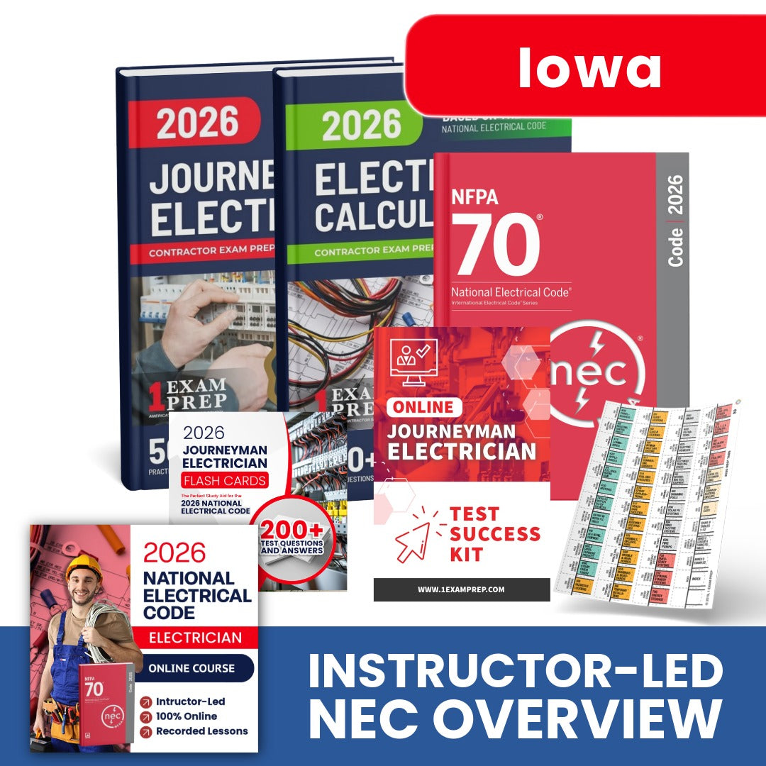 2026 Iowa Journeyman Electrician Exam Prep Study Package Includes Instructor Led NEC Course (Based on the 2026 NEC)