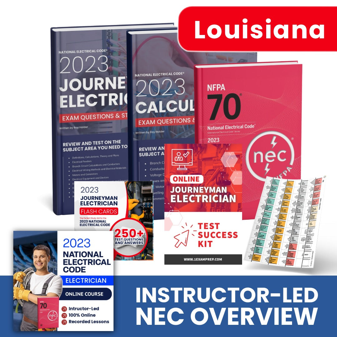 
2023 Louisiana Journeyman Electrician Exam Prep Study Package Includes Instructor Led NEC Course (Based on the 2023 NEC)
