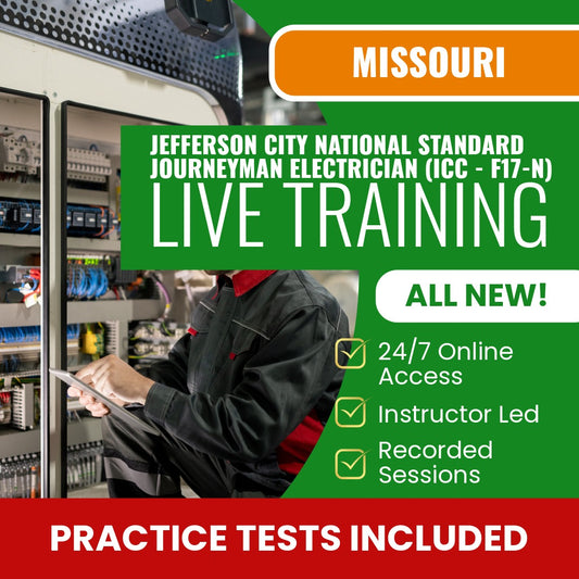 Jefferson City Missouri National Standard Journeyman Electrician (ICC - F17-N) Contractor Exam Prep - Live Virtual + Self Study Training