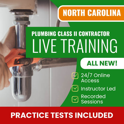 North Carolina Plumbing, Class II Contractor Exam Prep - Live Virtual + Self Study Training