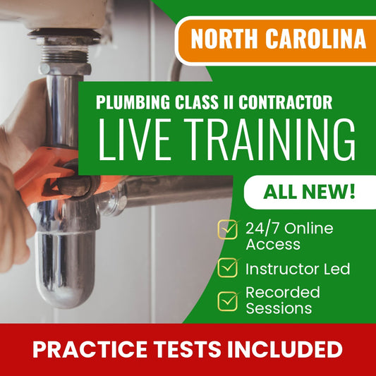 North Carolina Plumbing, Class II Contractor Exam Prep - Live Virtual + Self Study Training