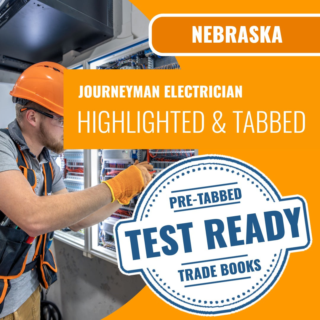 Nebraska Journeyman Electrician Contractor Exam Prep highlighted and tabbed books