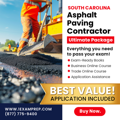 South Carolina Asphalt Paving Contractor Ultimate Exam Prep Package, featuring an image of a person working on paving, with highlights about the package including test-ready books, online courses, and application assistance.