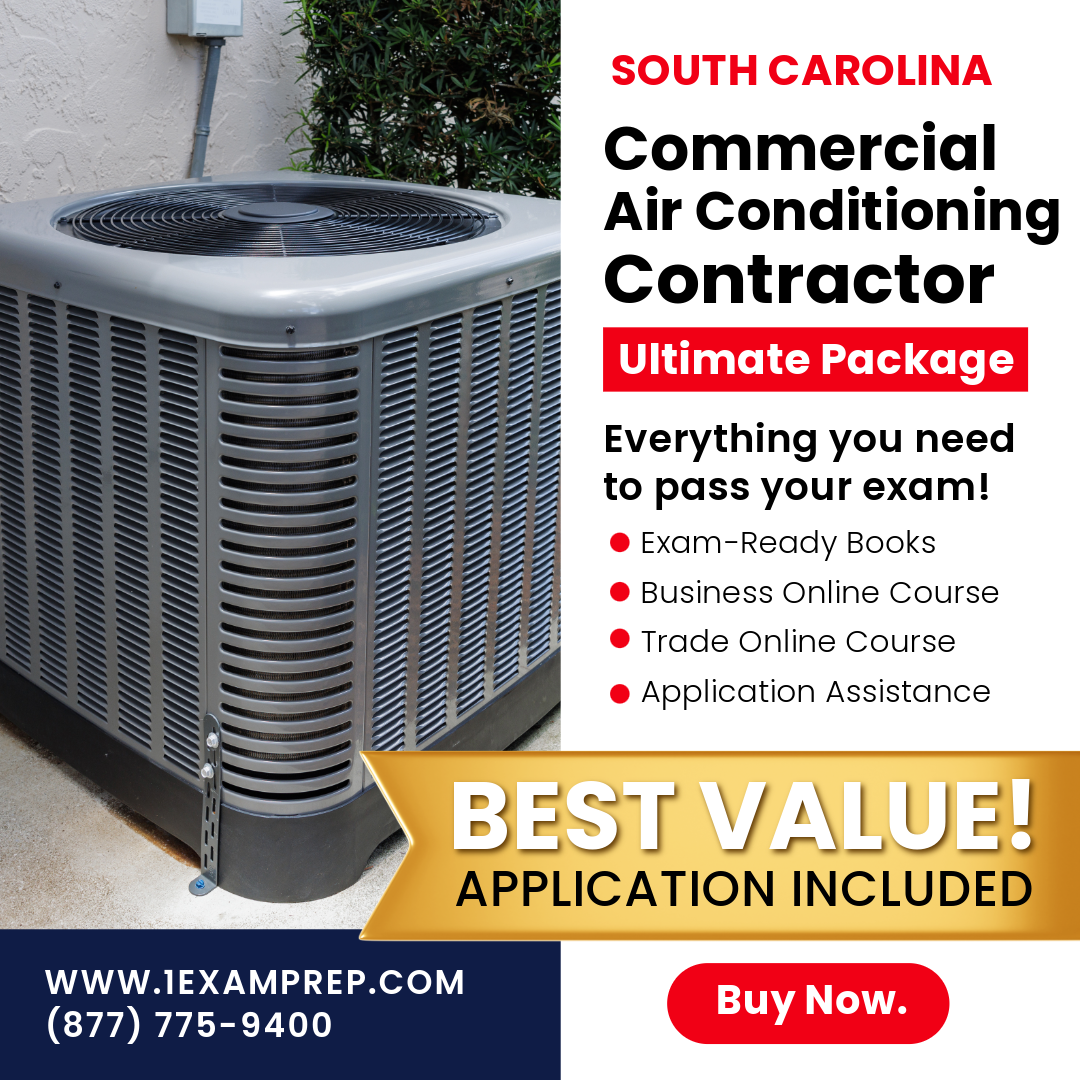 South Carolina Commercial Air Conditioning Contractor Ultimate Package, including exam-ready books, a business online course, a trade online course, and application assistance. 