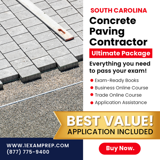 South Carolina Concrete Paving Contractor Ultimate Exam Prep Package, including books, online courses, and application assistance.