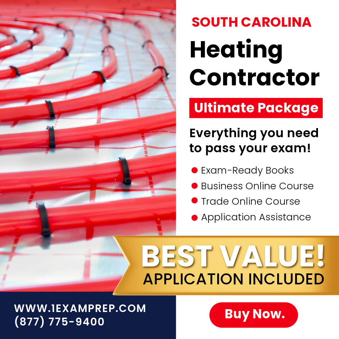 South Carolina Heating Contractor Ultimate Package, including exam-ready books, business online course, trade online course, and application assistance.