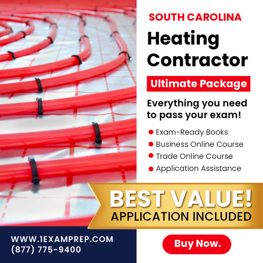 South Carolina Heating Contractor Ultimate Package, including exam-ready books, business online course, trade online course, and application assistance.