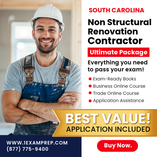 South Carolina Non Structural Renovation Contractor Ultimate Exam Prep Package includes exam-prep books, courses, and application assistance.