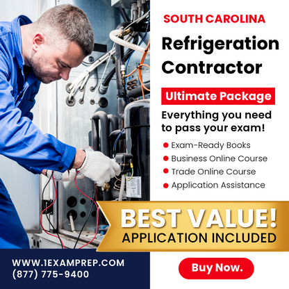 South Carolina Refrigeration Contractor Ultimate Contract, includes exam-ready books, business online course, trade online course, and application assistance.