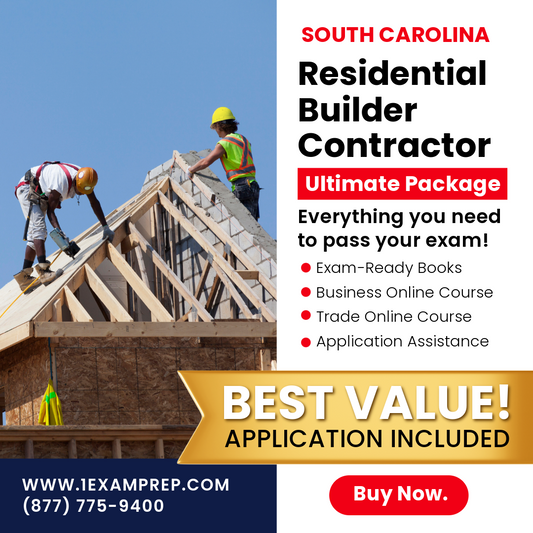 South Carolina Residential Builder Contractor Ultimate Package, including exam-ready books, business online course, trade online course, and application assistance.