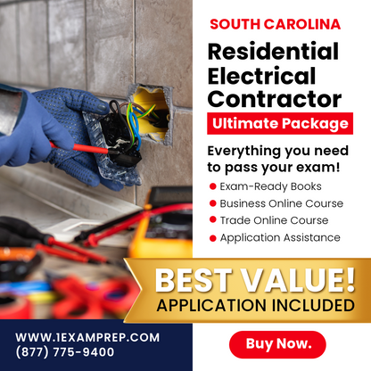 South Carolina Residential Electrical Contractor Ultimate Package, including exam-ready books, a business online course, a trade online course, and application assistance. Best value offer. Refundable deposit.