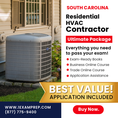 South Carolina Residential HVAC Contractor Ultimate Exam Prep Package, includes exam-ready books, online courses, and application assistance.