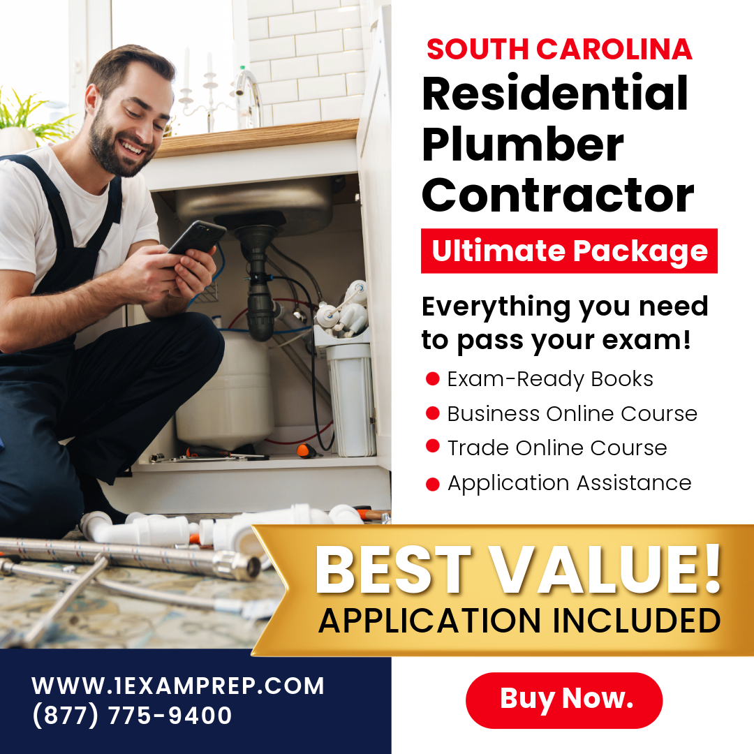 South Carolina Residential Plumber Contractor Ultimate Exam Prep Package, includes exam-ready boos, online courses, and application assistance. 