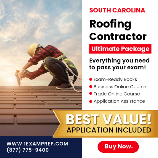 South Carolina Roofing Contractor Ultimate Package, including exam-ready books, business online course, trade online course, and application assistance