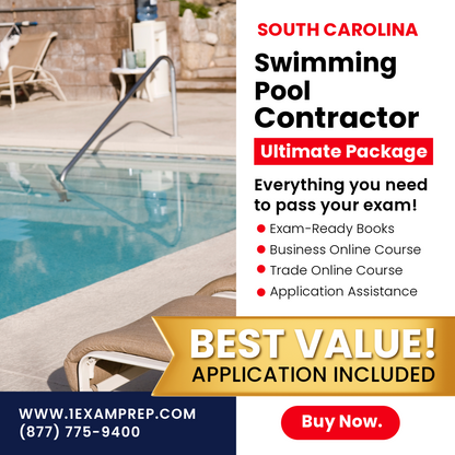 South Carolina Swimming Pool Contractor Ultimate Exam Prep Package, includes exam-ready books, a business online course, trade online course, and application assistance.
